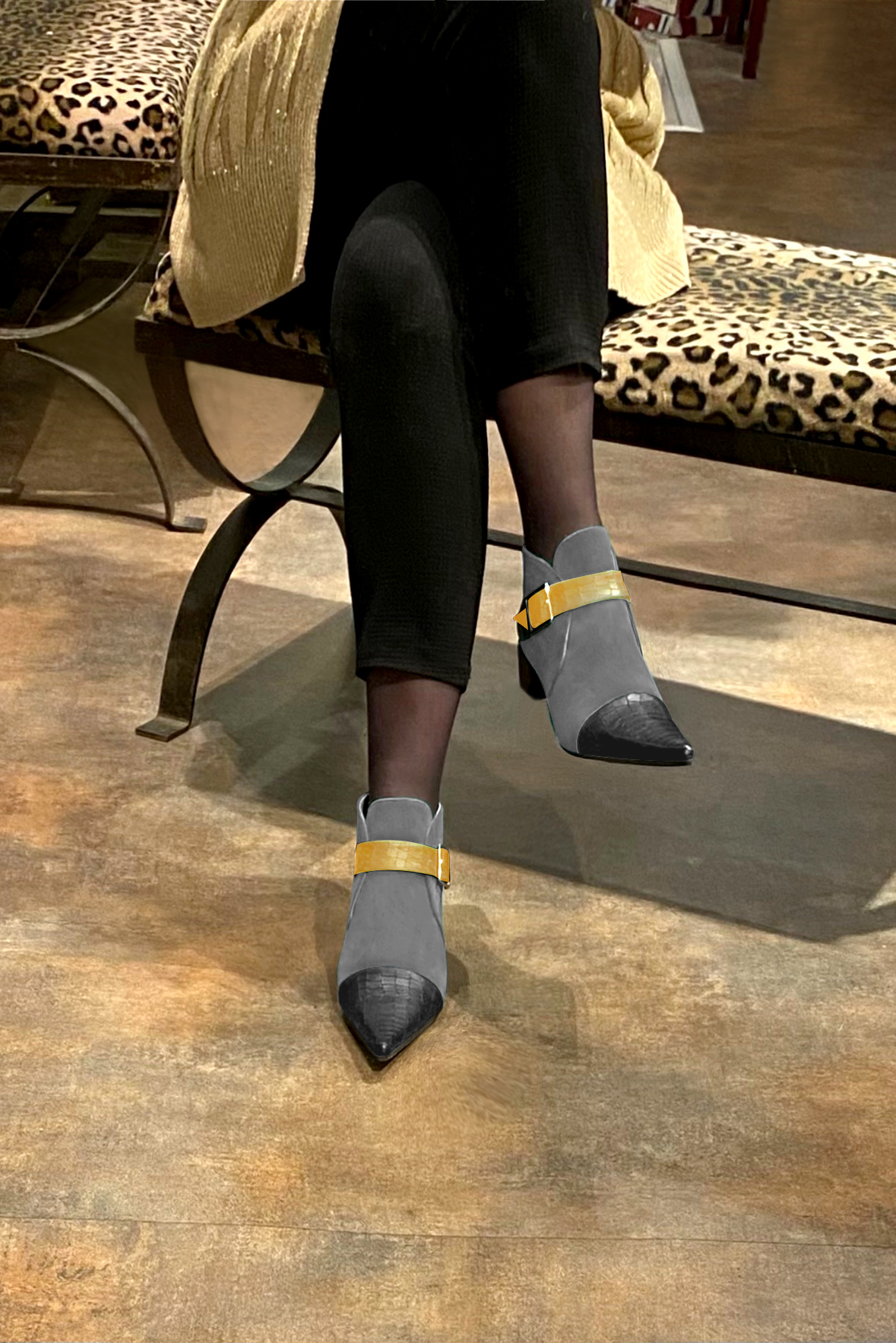 Dark grey and mustard yellow women's ankle boots with buckles at the front. Pointed toe. Low cone heels. Worn view - Florence KOOIJMAN